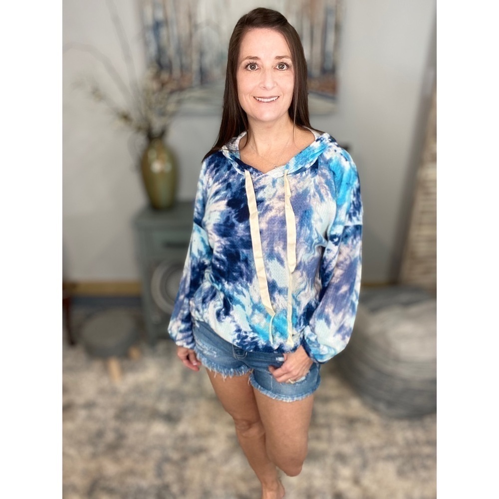 Waffle Tie Dye Drawstring Long Sleeve Hoodie Blue 0722